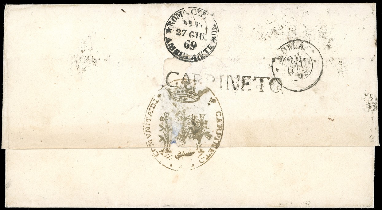 CARPINETO, SD punti 12 - 10 cent. (26), coppia orizzontale su lettera del 27/6/1869