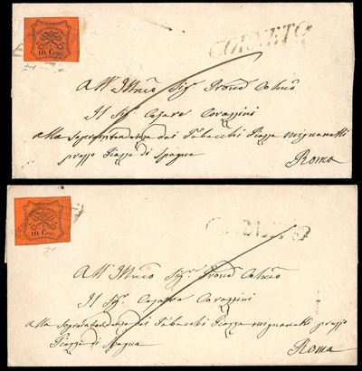 Corneto, Due lettere affrancate con 10 cent. (17) per Roma, bollo lineare