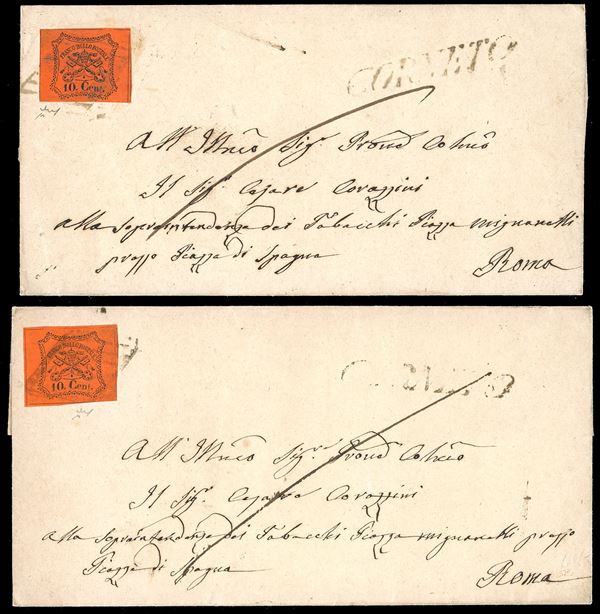 CORNETO, SI punti 11 - Due lettere affrancate con 10 cent. (17), perfetti, per Roma, entrambe con il bollo lineare sul fronte. Chiavarello.