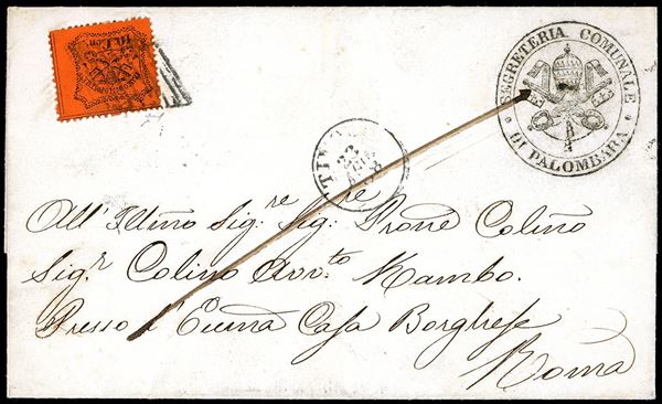 PALOMBARA, Cart. punti 10 - 10 cent. (26), perfetto, su fresca lettera per Roma 24/8/1868, bollo di arrivo al verso. Molto bella. Chiavarello.