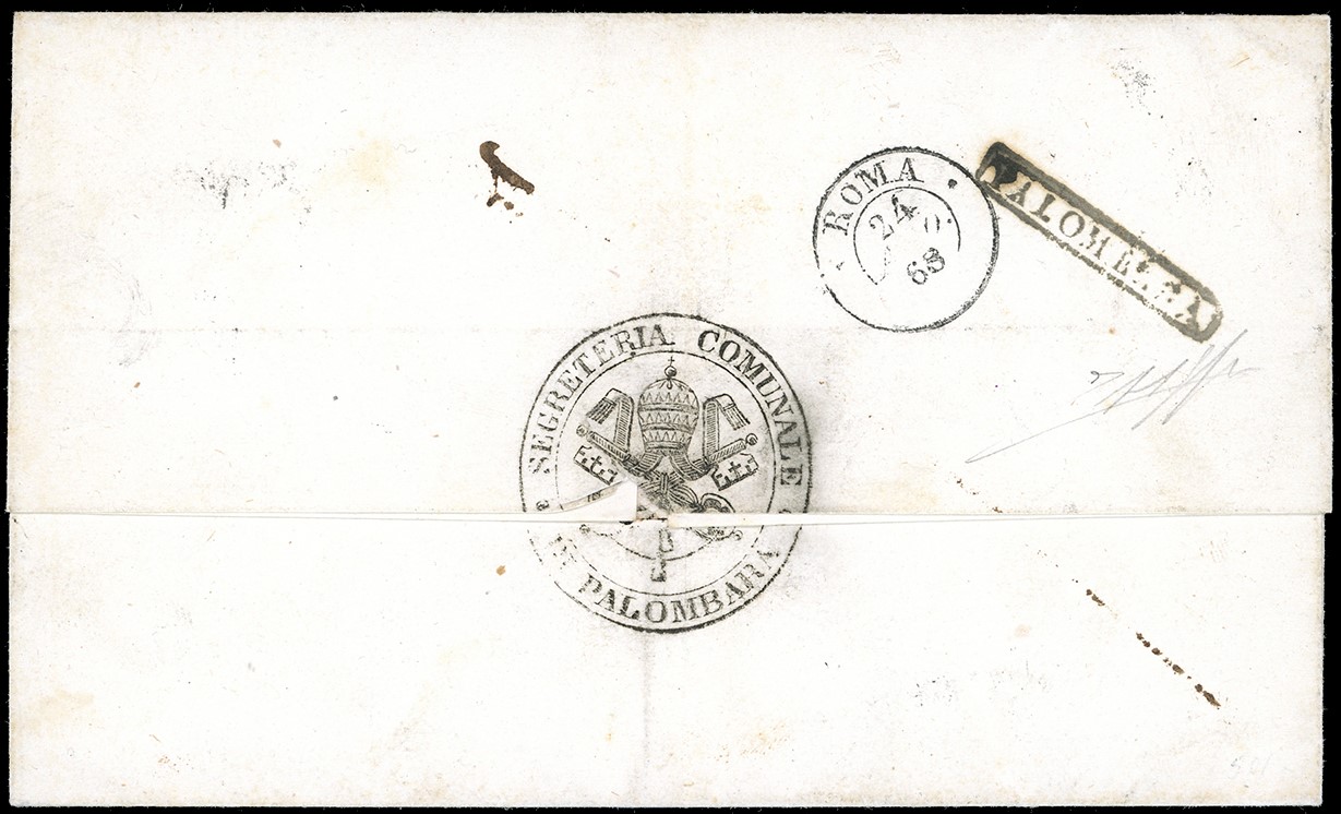 PALOMBARA, Cartolina con valori da 10 centesimi, 1868, su lettera per Roma
