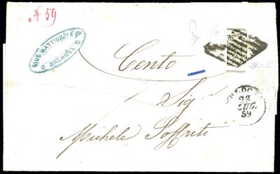 1859, 8 baj bianco frazionato verticalmente su lettera da Bologna a Cento