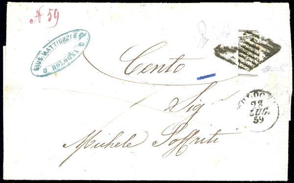 1859 - 8 baj bianco, frazionato verticalmente a metà (9), su lettera di doppio porto da Bologna 23/7/1859 a Cento. Raro uso di questo francobollo frazionato al recto, catalogato solo con frazionamento orizzontale. A.Diena, cert. Ferrario.