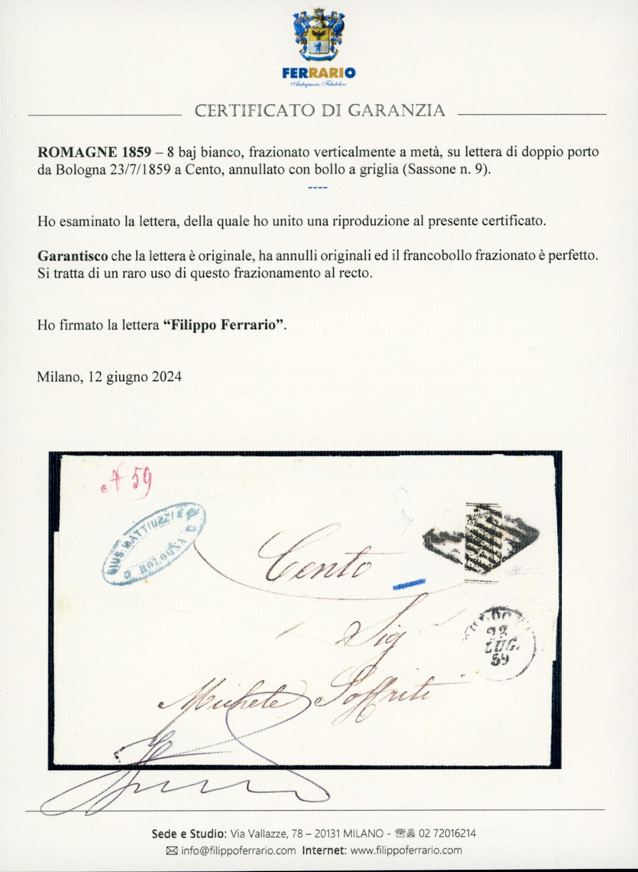 1859, 8 baj bianco frazionato verticalmente su lettera da Bologna a Cento