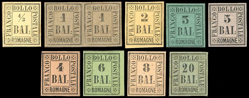 1859 - Serie completa (1/9), l'1 baj in coppia, nuovi, gomma originale ad eccezione del 4 e del 5 baj che sono senza gomma, perfetti. A.Diena e Ferrario.  - Asta Filatelia - Cambi Casa d'Aste