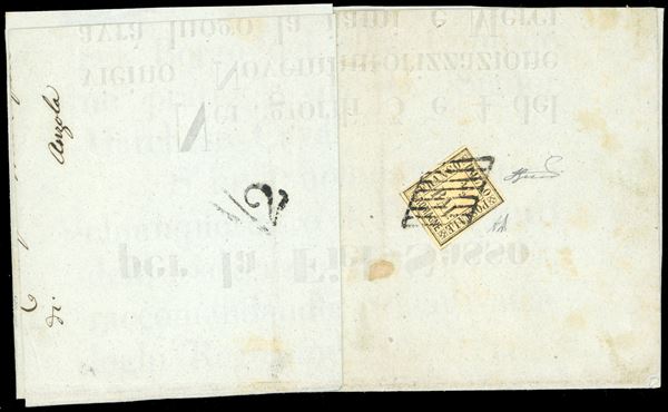 1859 - 1/2 baj giallo paglia (1), perfetto, isolato su manifesto da Bologna 19/10/1859 ad Anzola. Molto bello e raro. A.Diena, cert. Ferrario.