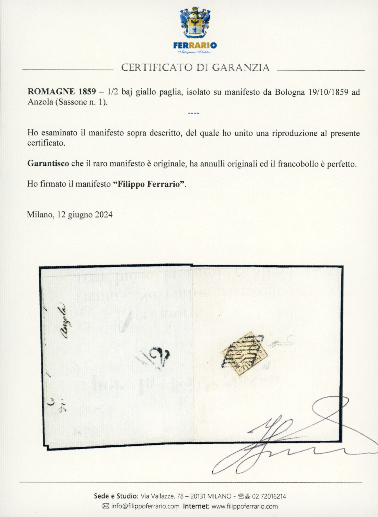 1859, 1/2 baj giallo paglia su manifesto, Bologna-Anzola