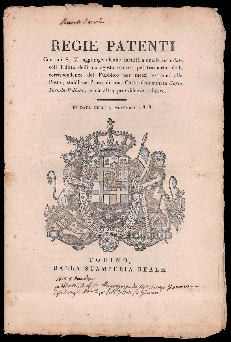 1818 - Regia patente del 7/11/1818 relativa all'introduzione dei Cavallini. Molto interessante, per specialista.  - Auction Philately - Cambi Casa d'Aste