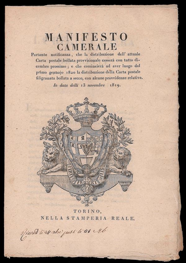 1819 - Manifesto camerale del 13/11/1819 in lingua italiana, con le impronte dei tre Cavallini a secco. Firmato Ferrario.