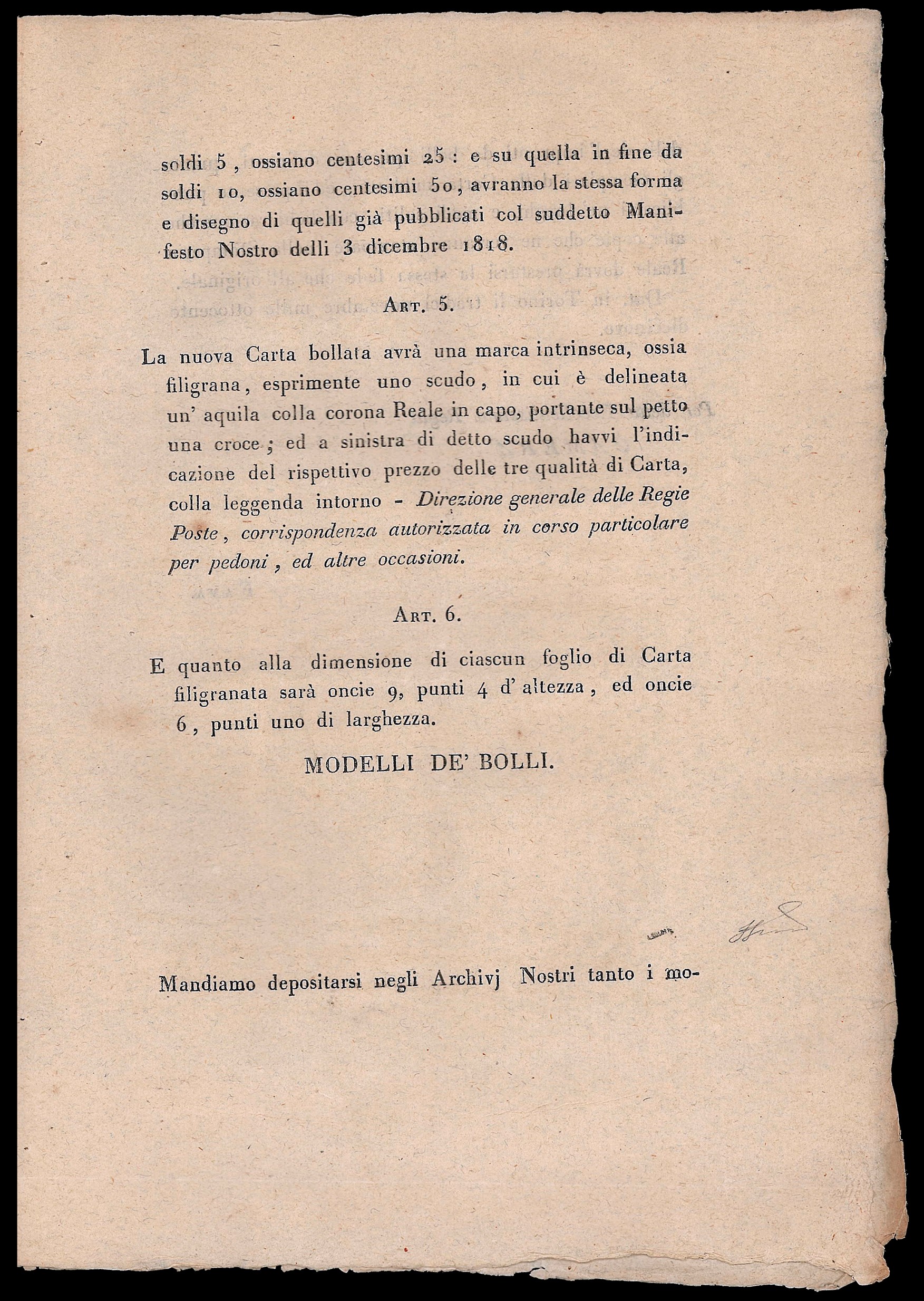Ferrario, Manifesto camerale del 13 novembre 1819 con impronte a secco dei tre Cavallini