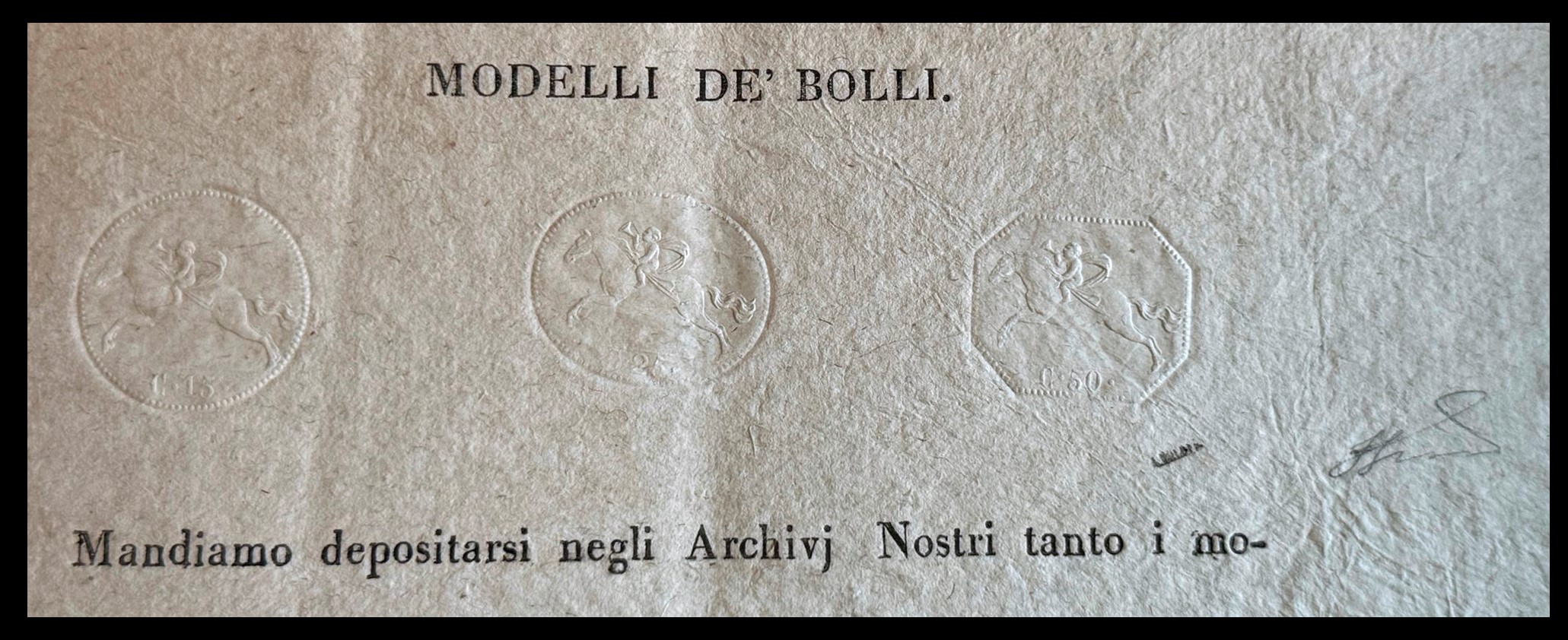 Ferrario, Manifesto camerale del 13 novembre 1819 con impronte a secco dei tre Cavallini