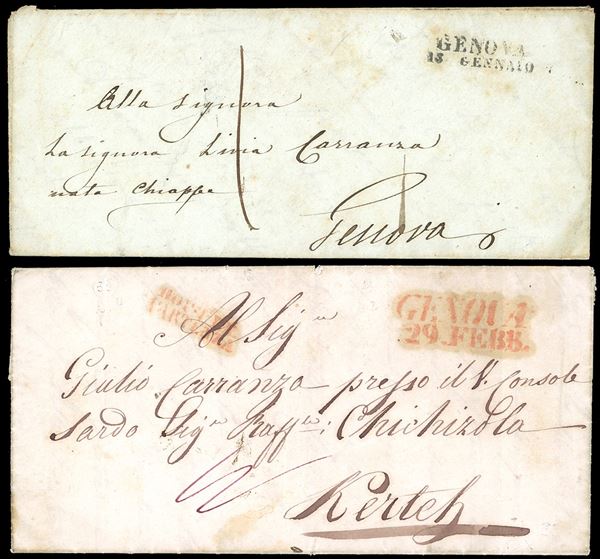1848 - Lettera prefilatelica da Genova 29/2/1848 a Kerteh, in Malesia, sul fronte lineare su due righe in rosso "dopo la partenza" e segno di tassa, al verso manoscritti i 60 cent. pagati in partenza. Allegata un'altra lettera scritta a Kerteh 17/11/1848, affidata al capitano di un brigantino di passaggio in Malesia, e sbarcato a Genova, dove il 13/1/1848 fu affidata alla posta per essere recapitata in città, tassazione 10 cent. sul fronte. Destinazione ed incoming mail di straordinaria rarità e fascino, insieme probabilmente unico. Da esposizione!