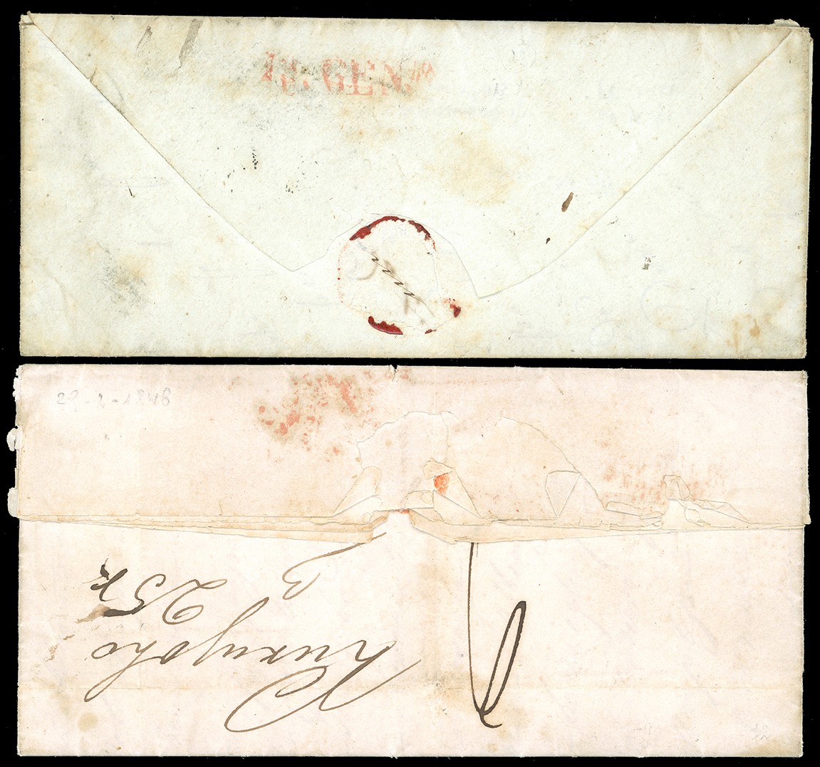 Lettera prefilatelica da Genova a Kerteh, 1848, con tassazione e annotazioni manoscritte