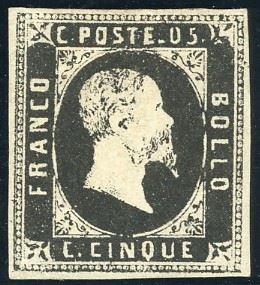 1851 - 5 cent. nero (1), nuovo, gomma originale, perfetto e ben marginato. Bello e molto fresco. Cert. A.Diena e Ferrario.
