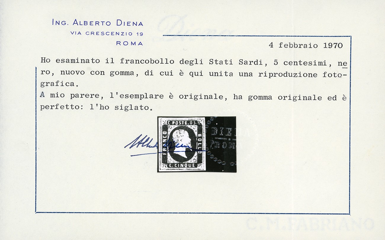 1851, Francobollo da 5 cent. nero, nuovo, gomma originale