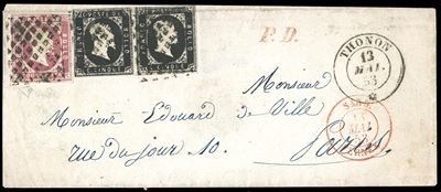 1853, Francobollo da 5 cent. nero e 40 cent. rosa su busta da Thonon a Parigi