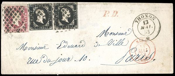 1853 - 5 cent. nero, coppia orizzontale, 40 cent. rosa (1,3), lievi difetti, su graziosa busta da Thonon 13/5/1853 a Parigi, in Francia. Rara e di buon aspetto. Cert. E.Diena.