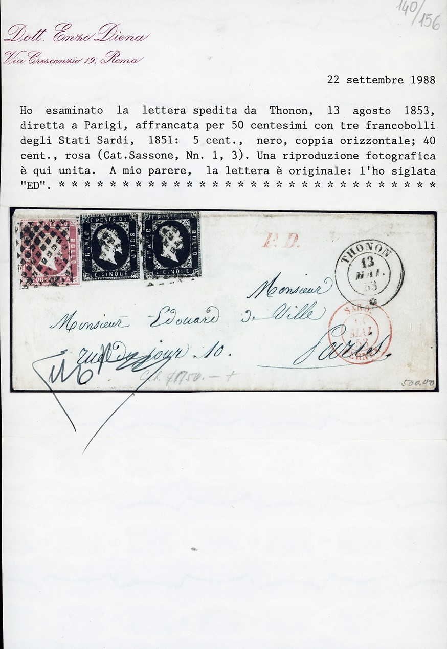 1853, Francobollo da 5 cent. nero e 40 cent. rosa su busta da Thonon a Parigi