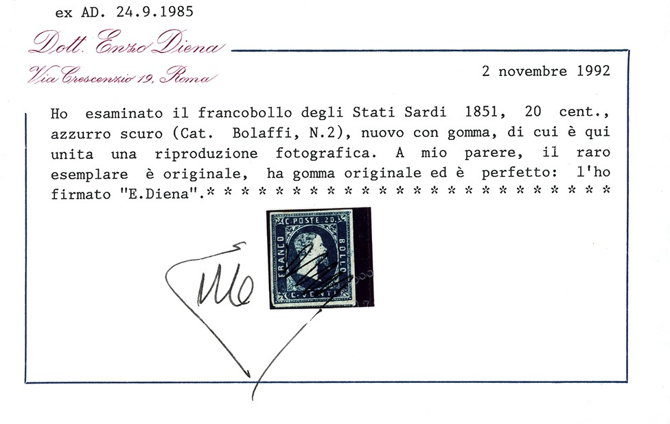 1851, 20 centesimi azzurri, nuovo, gomma originale