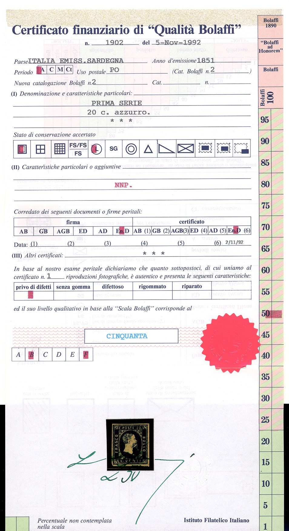 1851, 20 centesimi azzurri, nuovo, gomma originale