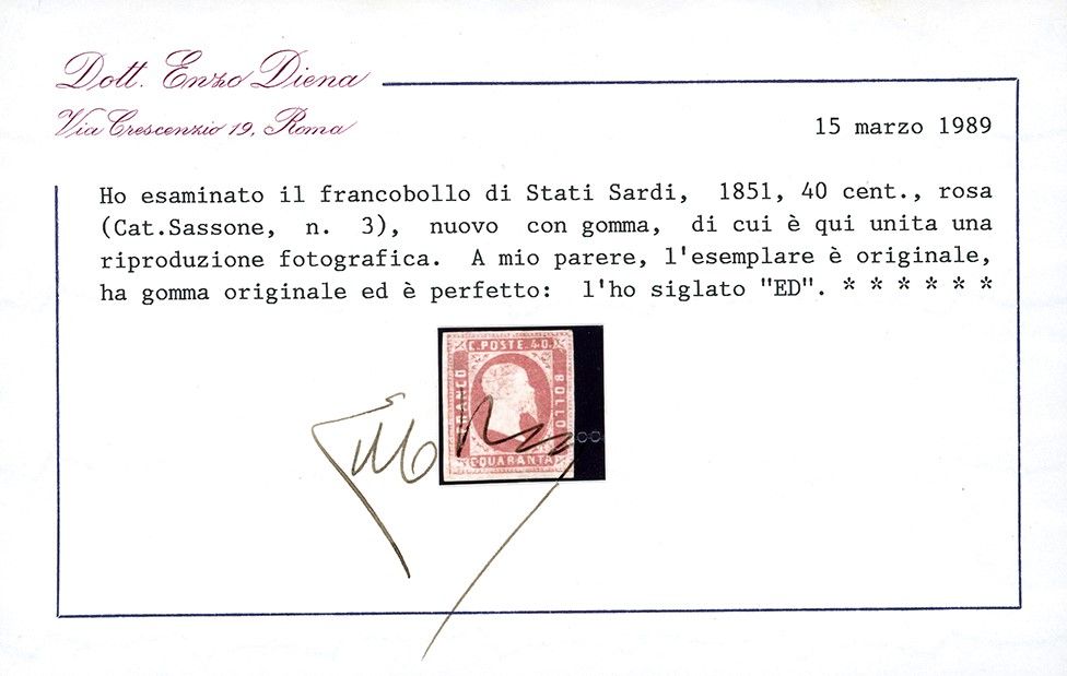 1851, Francobollo da 40 cent. rosa, nuovo con gomma originale