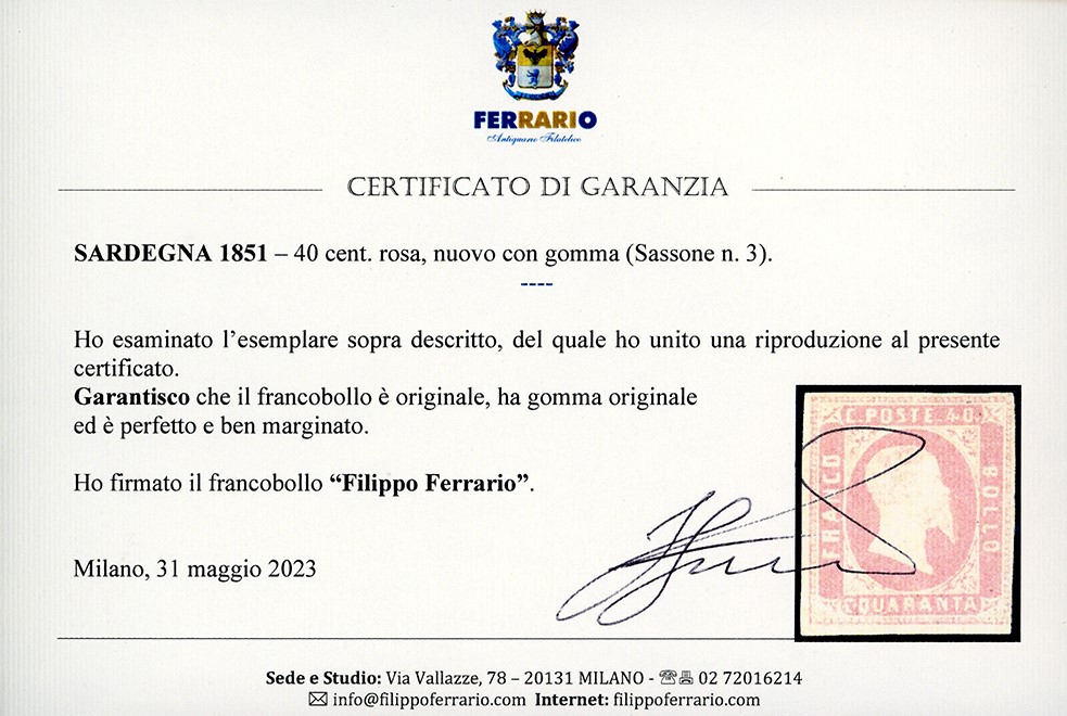 1851, Francobollo da 40 cent. rosa, nuovo con gomma originale