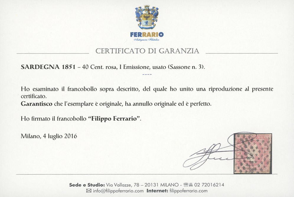 Francobollo Italiano, 1851 - 40 centesimi rosa, usato, certificato Ferrario