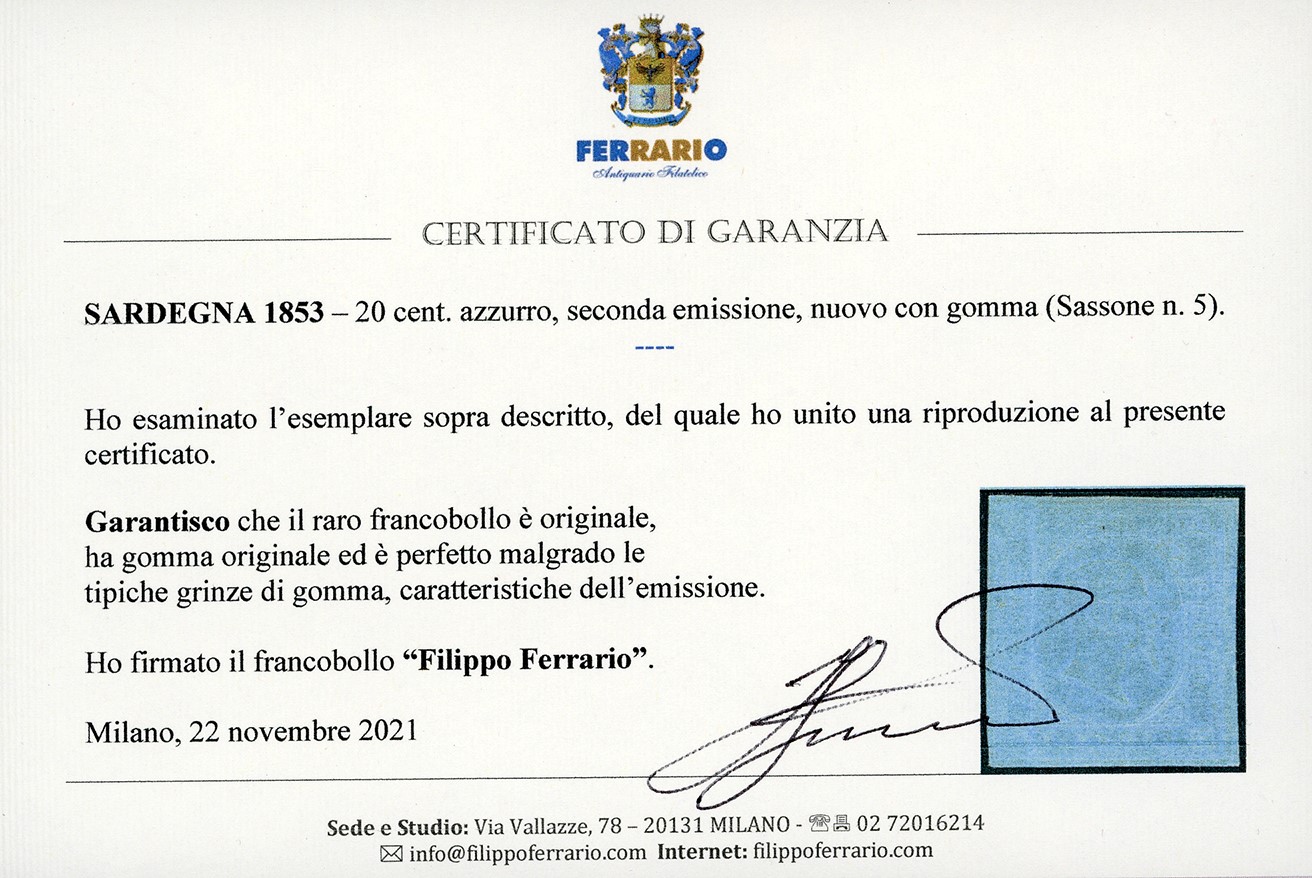 1853, 20 cent. azzurro, nuovo con gomma originale