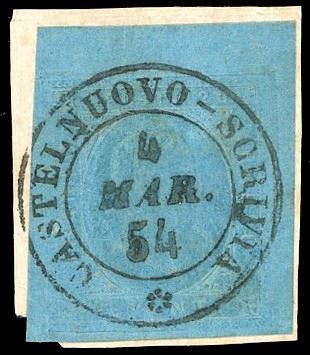 1853 - 20 cent. azzurro (5), ampio margine di foglio superiore, perfetto, usato su frammento a Castelnuovo Scrivia. Bellissimo. Ferrario.