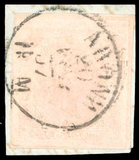 1853 - 40 cent. rosa chiaro (6), perfetto, usato su frammento ad Arona. Fiecchi, cert. Ferrario.