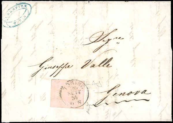 1854 - 40 cent. rosa chiaro (6), bordo di foglio in alto, leggermente intaccato in basso, su lettera da Torino 20/9/1854 a Genova. Chiavarello, cert. Fiecchi.