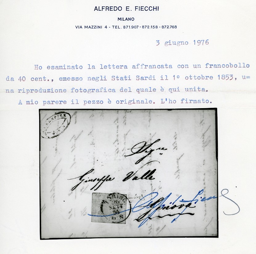 1854, 40 cent. rosa chiaro su lettera da Torino a Genova, leggermente intaccato