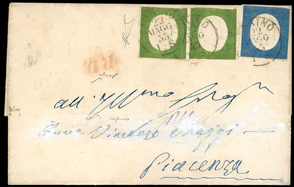 1855 - 5 cent. verde giallo, coppia orizzontale, e 20 cent. azzurro (7,8), difetti, su lettera da Torino 22/5/1855 a Piacenza, bollo PD in rosso sul fronte. Rara, occasione. Chiavarello, Ferrario.