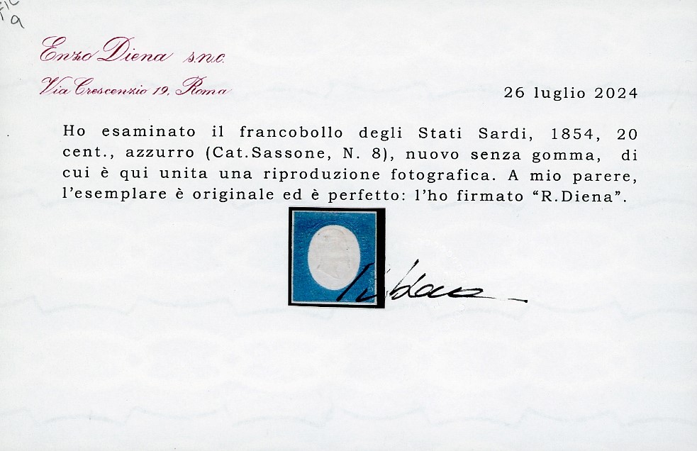1854 - 20 centesimi azzurro, nuovo senza gomma, certificato Emilio e Alberto Diena