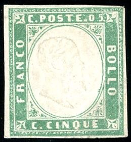 1855 - 5 cent. verde smeraldo (13d), gomma originale parziale, lieve piega. Rara tonalità, occasione. Cert. Ferrario.
