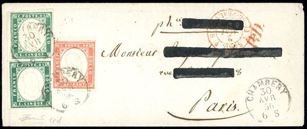 1856 - 5 cent. verde smeraldo, due esemplari, uno giusto a sinistra, 40 cent. vermiglio tenue, perfetto (13d,16), su busta da Chambery 30/4/1856 a Parigi. Molto fresca. Fiecchi, Ferrario.