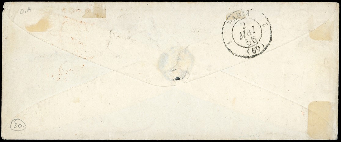 1856, 5 cent. verde smeraldo e 40 cent. vermiglio tenue su busta da Chambéry a Parigi