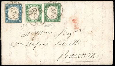 1856, Coppia orizzontale di francobolli 5 cent. verde smeraldo giallastro e 20 cent. cobalto su l...