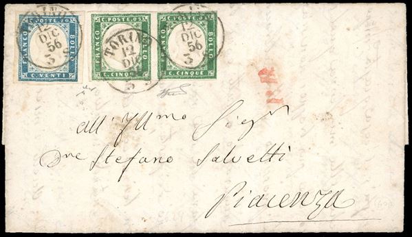 1856 - 5 cent. verde smeraldo giallastro, coppia orizzontale, 20 cent. cobalto (13e,15), perfetti, su fresca lettera da Torino 12/12/1856 a Piacenza, nel Ducato di Parma. Bella e non comune. Chiavarello, Ferrario. Ex coll. Imperato.