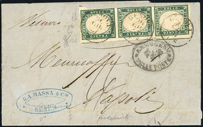 1857, 5 cent. verde mirto (13A), striscia verticale di tre su lettera da Genova a Napoli