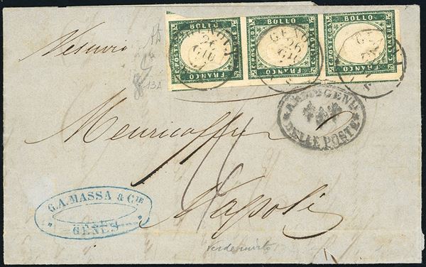 1857 - 5 cent. verde mirto (13A), striscia verticale di tre, in parte intaccata a destra, ampi gli altri margini, su lettera da Genova 26/6/1857 a Napoli, tassata 16 grana. Rara e di buon aspetto. A.Diena, cert. Ferrario.