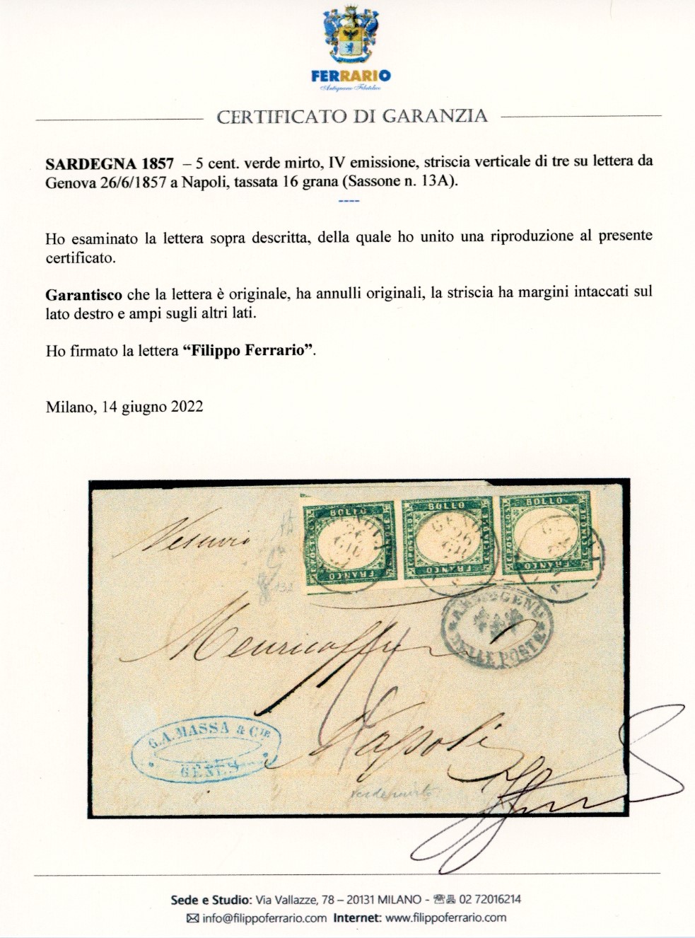 1857, 5 cent. verde mirto (13A), striscia verticale di tre su lettera da Genova a Napoli