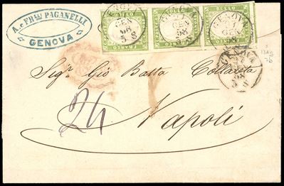 1858, 5 cent. verde giallo olivastro (13Ag), striscia di tre su sovracoperta di lettera da Genova...
