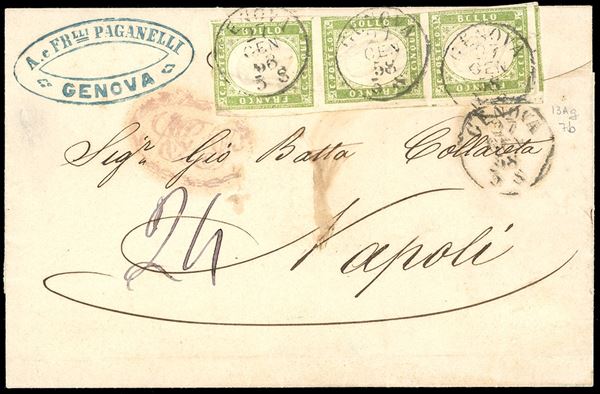 1858 - 5 cent. verde giallo olivastro (13Ag), striscia di tre, l'esemplare centrale corto, gli altri sfiorati, su sovracoperta di lettera da Genova 27/1/1858 a Napoli, tassata. Rara!