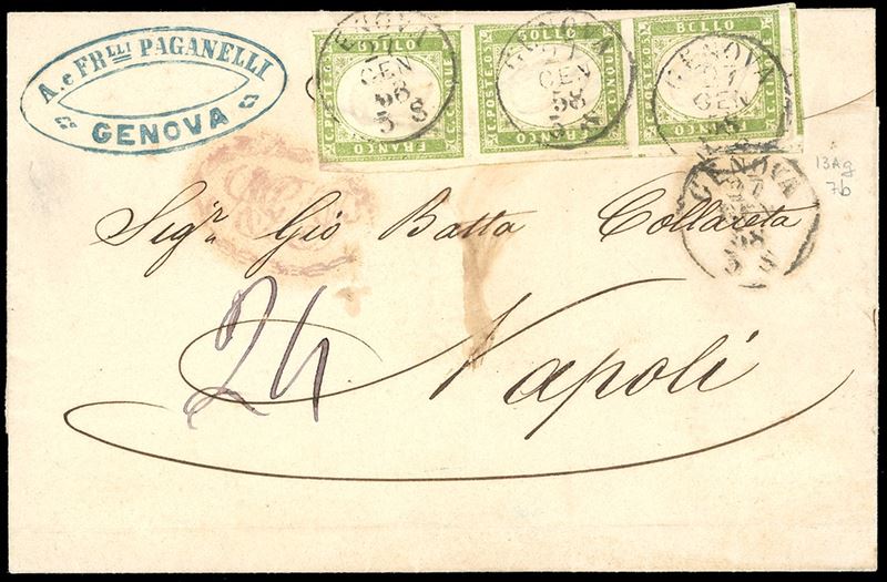 1858 - 5 cent. verde giallo olivastro (13Ag), striscia di tre, l'esemplare centrale corto, gli altri sfiorati, su sovracoperta di lettera da Genova 27/1/1858 a Napoli, tassata. Rara!  - Asta Filatelia - Cambi Casa d'Aste