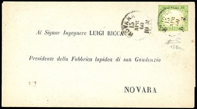 1860, 5 cent. verde giallo su circolare postale da Novara