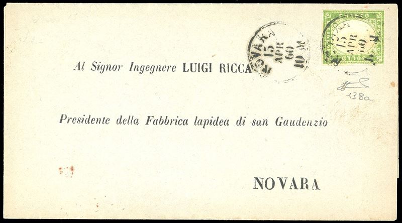 1860 - 5 cent. verde giallo (13Ba), perfetto, isolato su circolare da Novara 15/4/1860 per città. Cert. Ferrario.  - Auction Philately - Cambi Casa d'Aste