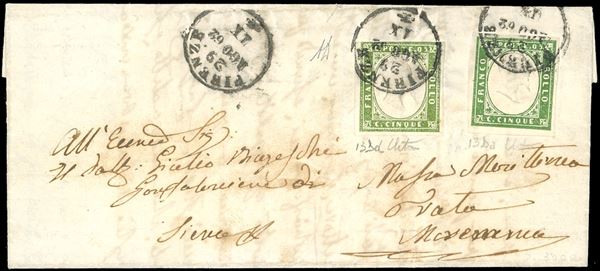 1862 - 5 cent. verde giallastro, perfetto e ben marginato, 5 cent. verde olivastro, sfiorato in alto (13Da,13Dd), su lettera da Firenze 29/8/1862 a Siena. Bella combinazione di valori gemelli! A.Diena. Ex coll. Hess.