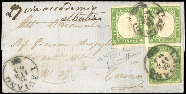1863 - 5 cent. verde giallastro (13Da), striscia di tre a seggiola, perfetta, su piccola lettera da Laviano 28/2/1863 (punti 7++) a Torino. Sorani, Raybaudi. Ex coll. Imperato.