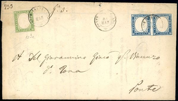 1862 - 5 cent. verde olivastro perfetto, 20 cent. azzurro scurissimo, coppia leggermente intaccata in alto (13Dc,15C), su lettera da Ponte in Valtellina 31/3/1862 per città. Interessante tariffa.